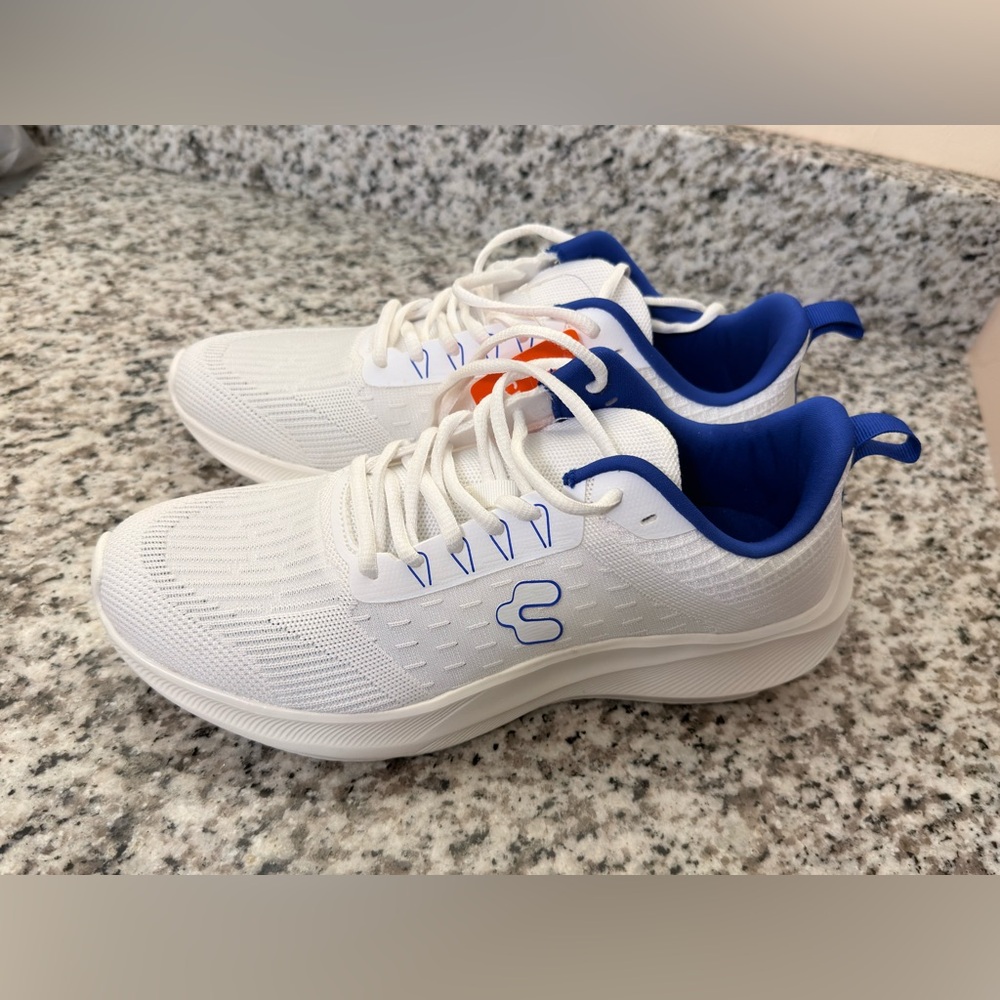 White and Blue Athletic Shoes